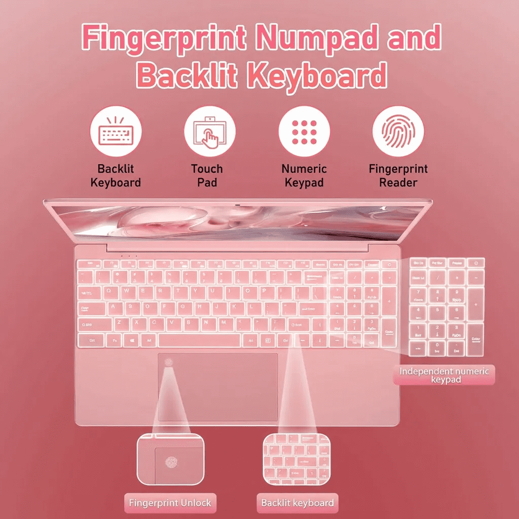2026 New Pink Laptop, 15.6" IPS FHD Student Laptop, Office 2024, Windows 11 Pro, 8GB RAM 256GB SSD, Intel Core i3, Backlit Keyboard, Fingerprint Reader, USB3.0 WiFi5 for Study and Office Work - Image 3