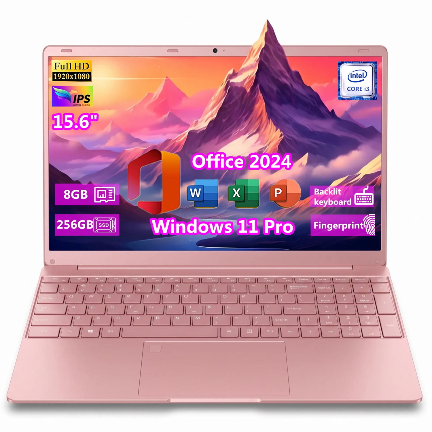 2026 New Pink Laptop, 15.6" IPS FHD Student Laptop, Office 2024, Windows 11 Pro, 8GB RAM 256GB SSD, Intel Core i3, Backlit Keyboard, Fingerprint Reader, USB3.0 WiFi5 for Study and Office Work