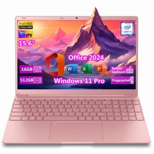 2026 New Pink Laptop, 15.6" IPS FHD Student Laptop, Office 2024, Windows 11 Pro, 16GB RAM 512GB SSD, Intel Core i3, Backlit Keyboard, Fingerprint Reader, USB3.0 WiFi5 for Study and Office Work