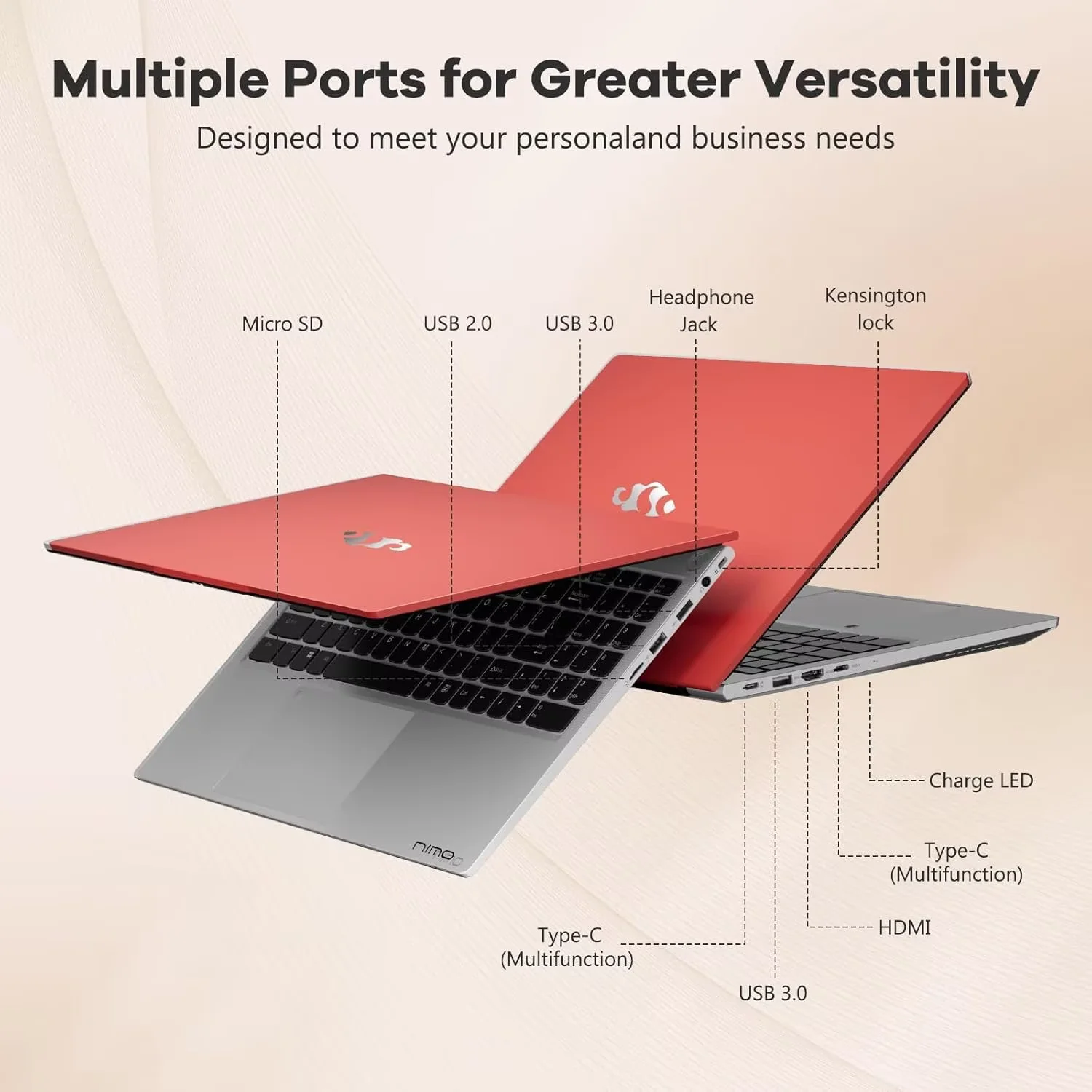 15.6" FHD Business-Gaming-Laptop 6-Cores AMD Ryzen 5 6600H(Up to 4.5 GHz) 660M GPU 32GB DDR5 2TB SSD Laptop-Computer with 100W Type-C Backlit Keyboard Fingerprint-Red - Image 4