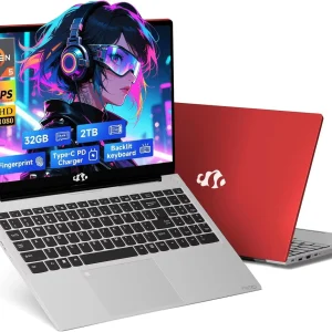 15.6" FHD Business-Gaming-Laptop 6-Cores AMD Ryzen 5 6600H(Up to 4.5 GHz) 660M GPU 32GB DDR5 2TB SSD Laptop-Computer with 100W Type-C Backlit Keyboard Fingerprint-Red