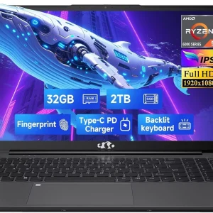 15.6" FHD Business-Gaming-Laptop 6-Cores AMD Ryzen 5 6600H(Up to 4.5 GHz) 660M GPU 32GB DDR5 2TB SSD Laptop-Computer with 100W Type-C Backlit Keyboard Fingerprint-Gray