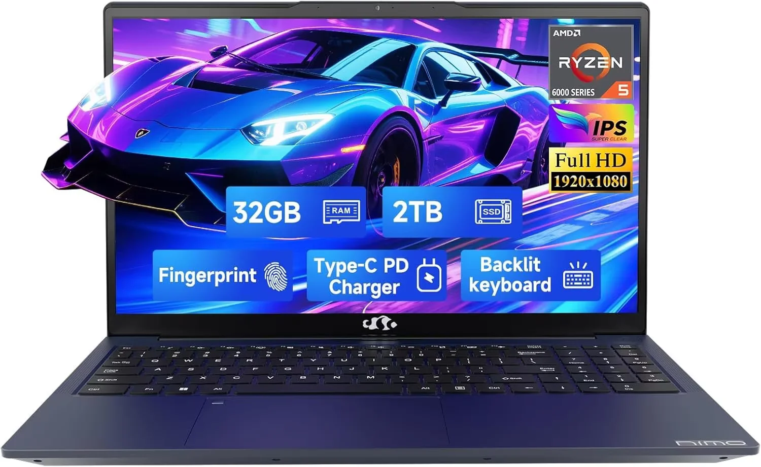 15.6" FHD Business-Gaming-Laptop 6-Cores AMD Ryzen 5 6600H(Up to 4.5 GHz) 660M GPU 32GB DDR5 2TB SSD Laptop-Computer with 100W Type-C Backlit Keyboard Fingerprint-Blue