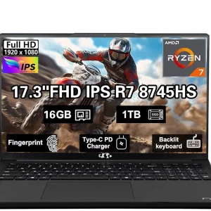 17.3" IPS FHD New Gaming Laptop, AMD Ryzen 7 8745HS 16GB DDR5 RAM 1TB SSD ( up to 4.9GHz) Radeon 780M Graphics Business Computer with 100W Type-C Backlit Keyboard, Fingerprint USB-C 4.0