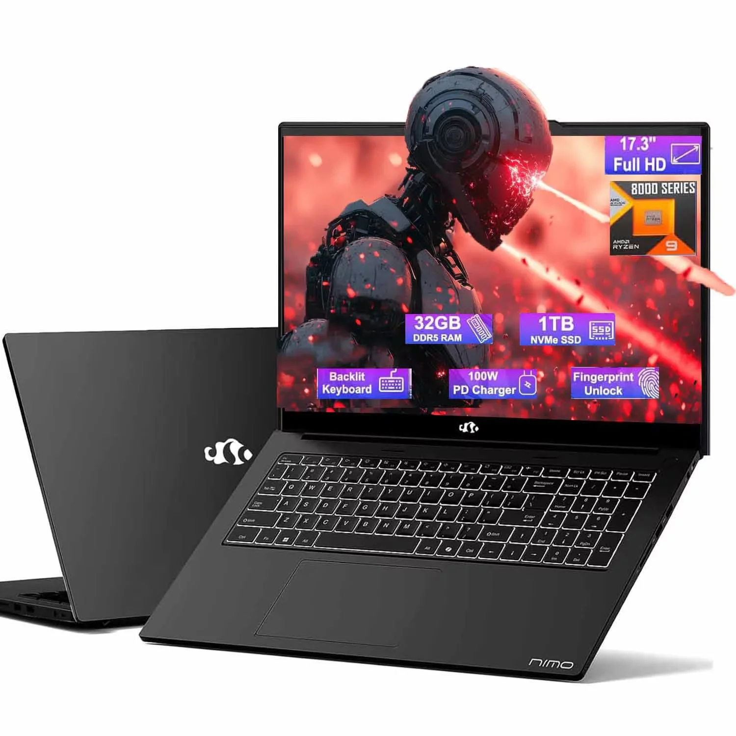 17.3 Gaming-Laptop Ryzen 9 8945HS (Beat i9-13900H, Up to 5.2GHz) 32GB RAM, 1TB SSD, Radeon 780M, PD 100W Type-C AI-Enhanced for Copilot VR Ready, Backlit Keyboard, Fingerprint, 75W Battery
