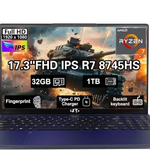 17.3" IPS FHD-Gaming-Laptop, AMD Ryzen 7 8745HS 32GB DDR5 RAM 1TB SSD ( up to 4.9GHz) Radeon 780M Graphics Business Computer with 100W Type-C Backlit Keyboard, Fingerprint USB-C 4.0