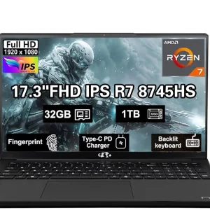 17.3" IPS FHD-Gaming-Laptop, AMD Ryzen 7 8745HS 32GB DDR5 RAM 1TB SSD ( up to 4.9GHz) Radeon 780M Graphics Business Computer with 100W Type-C Backlit Keyboard, Fingerprint USB-C 4.0