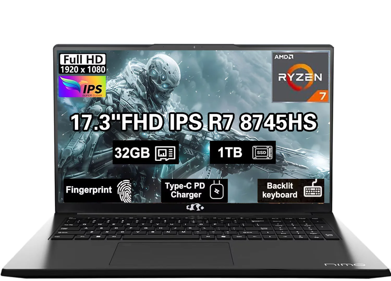 17.3" IPS FHD-Gaming-Laptop, AMD Ryzen 7 8745HS 32GB DDR5 RAM 1TB SSD ( up to 4.9GHz) Radeon 780M Graphics Business Computer with 100W Type-C Backlit Keyboard, Fingerprint USB-C 4.0