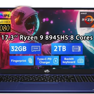 17.3 New Gaming Laptop Ryzen 9 8945HS (Beat i9-13900H, Up to 5.2GHz) 32GB RAM, 2TB SSD, Radeon 780M, PD 100W Type-C AI-Enhanced for Copilot VR Ready, Backlit Keyboard, Fingerprint, 75W Battery