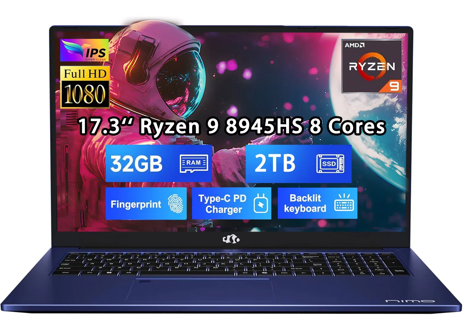 17.3 New Gaming Laptop Ryzen 9 8945HS (Beat i9-13900H, Up to 5.2GHz) 32GB RAM, 2TB SSD, Radeon 780M, PD 100W Type-C AI-Enhanced for Copilot VR Ready, Backlit Keyboard, Fingerprint, 75W Battery
