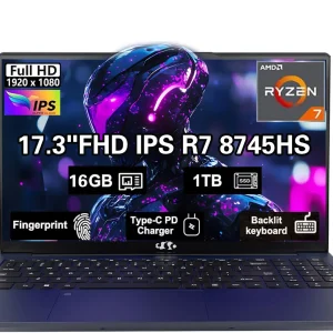 17.3" IPS FHD New Gaming Laptop, AMD Ryzen 7 8745HS 16GB DDR5 RAM 1TB SSD ( up to 4.9GHz) Radeon 780M Graphics Business Computer with 100W Type-C Backlit Keyboard, Fingerprint USB-C 4.0