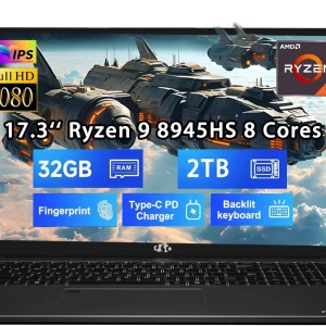 17.3 New Gaming Laptop Ryzen 9 8945HS (Beat i9-13900H, Up to 5.2GHz) 32GB RAM, 2TB SSD, Radeon 780M, PD 100W Type-C AI-Enhanced for Copilot VR Ready, Backlit Keyboard, Fingerprint, 75W Battery