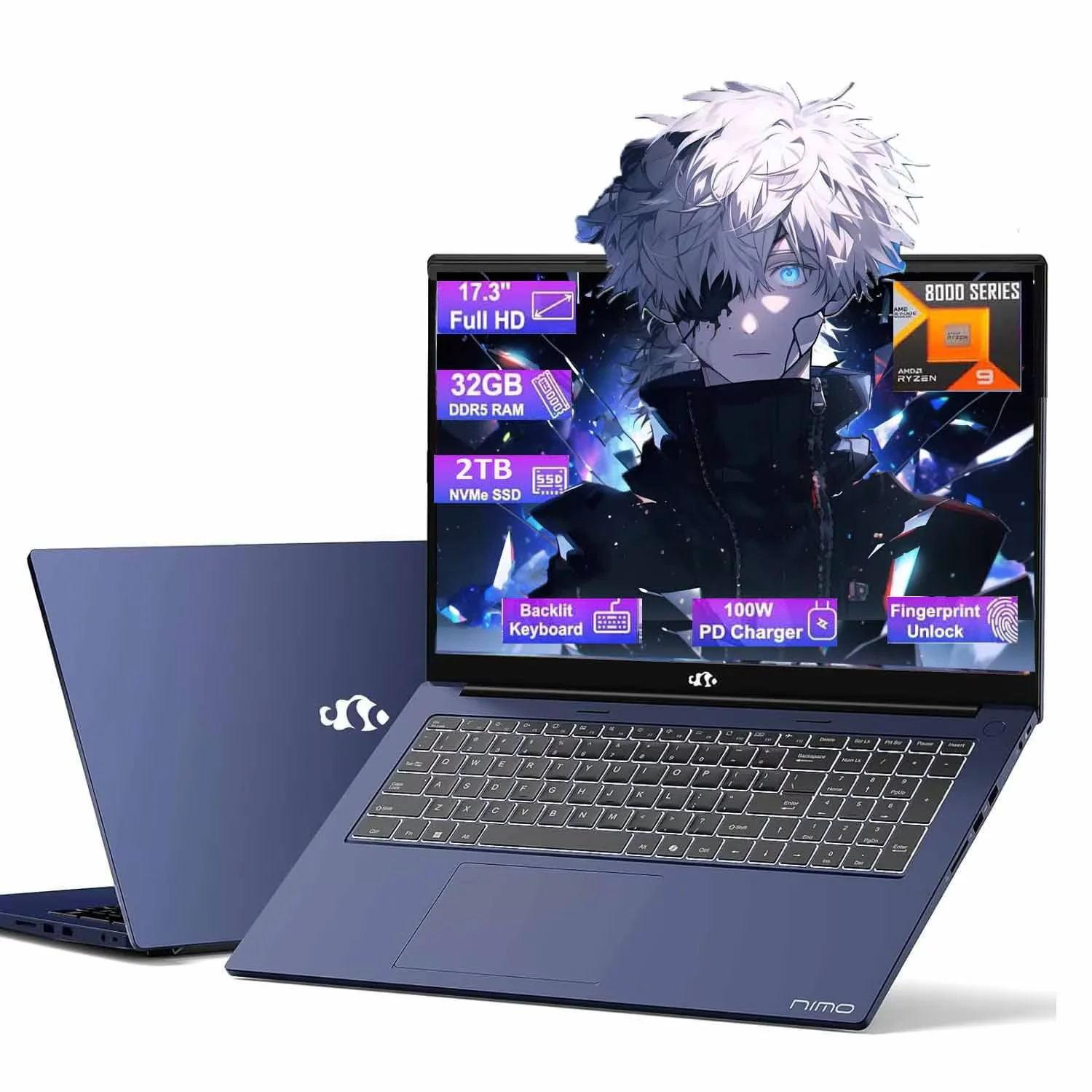17.3 Gaming-Laptop Ryzen 9 8945HS (Beat i9-13900H, Up to 5.2GHz) 32GB RAM, 2TB SSD, Radeon 780M, PD 100W Type-C AI-Enhanced for Copilot VR Ready, Backlit Keyboard, Fingerprint, 75W Battery