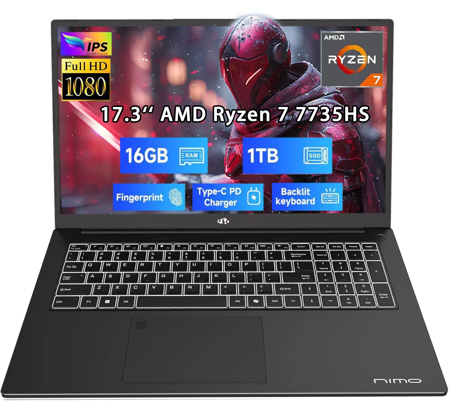 17.3" Business-Laptop, AMD Ryzen 7 7735HS (8C/16T), 16GB RAM 1TB NVMe SSD, Radeon 680M for Light Gaming, PD 100W Type-C WiFi-6E BT5.2 Fingerprint Unlock Backlit Keyboard for Working & Student