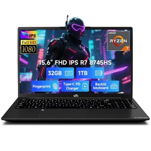 15.6" IPS FHD Gaming Laptop, AMD Ryzen 7 8745HS 32GB DDR5 RAM 1TB SSD (8C/16T, up to 4.9GHz) Radeon 780M Graphics Business Computer with 100W Type-C Backlit Keyboard, Fingerprint USB-C 4.0 Black