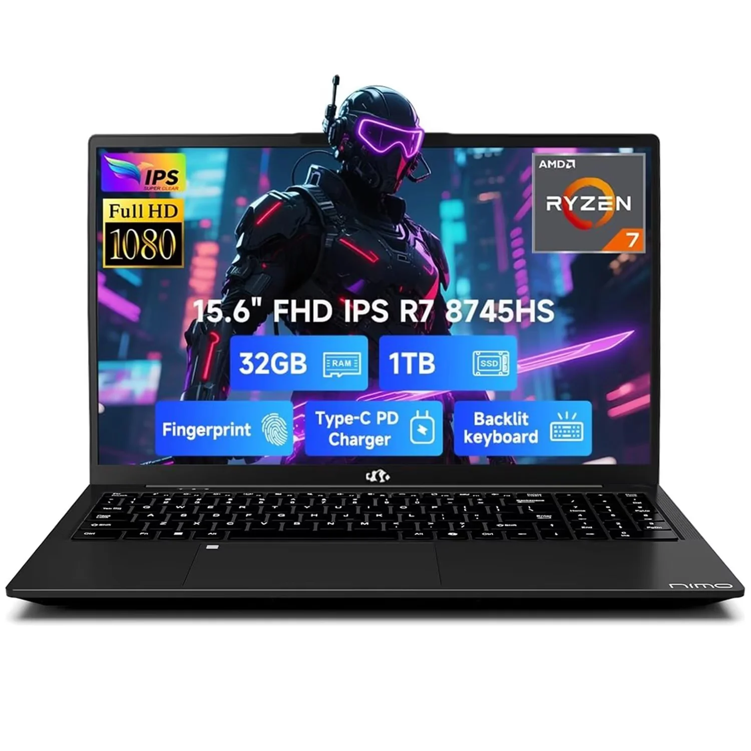 15.6" IPS FHD Gaming Laptop, AMD Ryzen 7 8745HS 32GB DDR5 RAM 1TB SSD (8C/16T, up to 4.9GHz) Radeon 780M Graphics Business Computer with 100W Type-C Backlit Keyboard, Fingerprint USB-C 4.0 Black