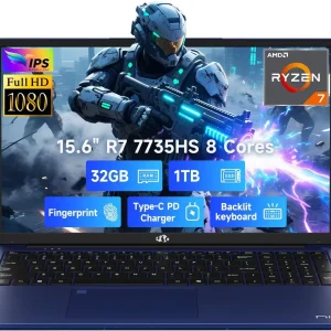 15.6" IPS FHD Gaming-Laptop, AMD 8 Cores Ryzen 7 7735HS 32GB DDR5 RAM 1TB SSD (Beats i7-12650H, Up to 4.75GHz) Computer with Radeon 680M 100W Type-C Backlit Keyboard Fingerprint Unlock