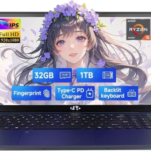 15.6" FHD IPS Gaming Laptop - AMD Ryzen 5 6600H 6 Cores (Beat i7-1165G7, Up to 4.5GHz), 32GB DDR5 RAM, 1TB SSD, AMD Radeon 660M with 100W Type-C Charger,Backlit Keyboard, Windows 11