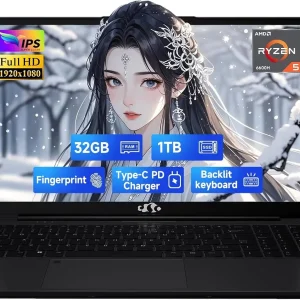 15.6" FHD IPS Gaming Laptop - AMD Ryzen 5 6600H 6 Cores (Beat i7-1165G7, Up to 4.5GHz), 32GB DDR5 RAM, 1TB SSD, AMD Radeon 660M with 100W Type-C Charger,Backlit Keyboard, Windows 11