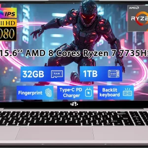 15.6" IPS FHD Gaming-Laptop, AMD 8 Cores Ryzen 7 7735HS 32GB DDR5 RAM 1TB SSD (Beats i7-12650H, Up to 4.75GHz) Computer with Radeon 680M 100W Type-C Backlit Keyboard Fingerprint Unlock