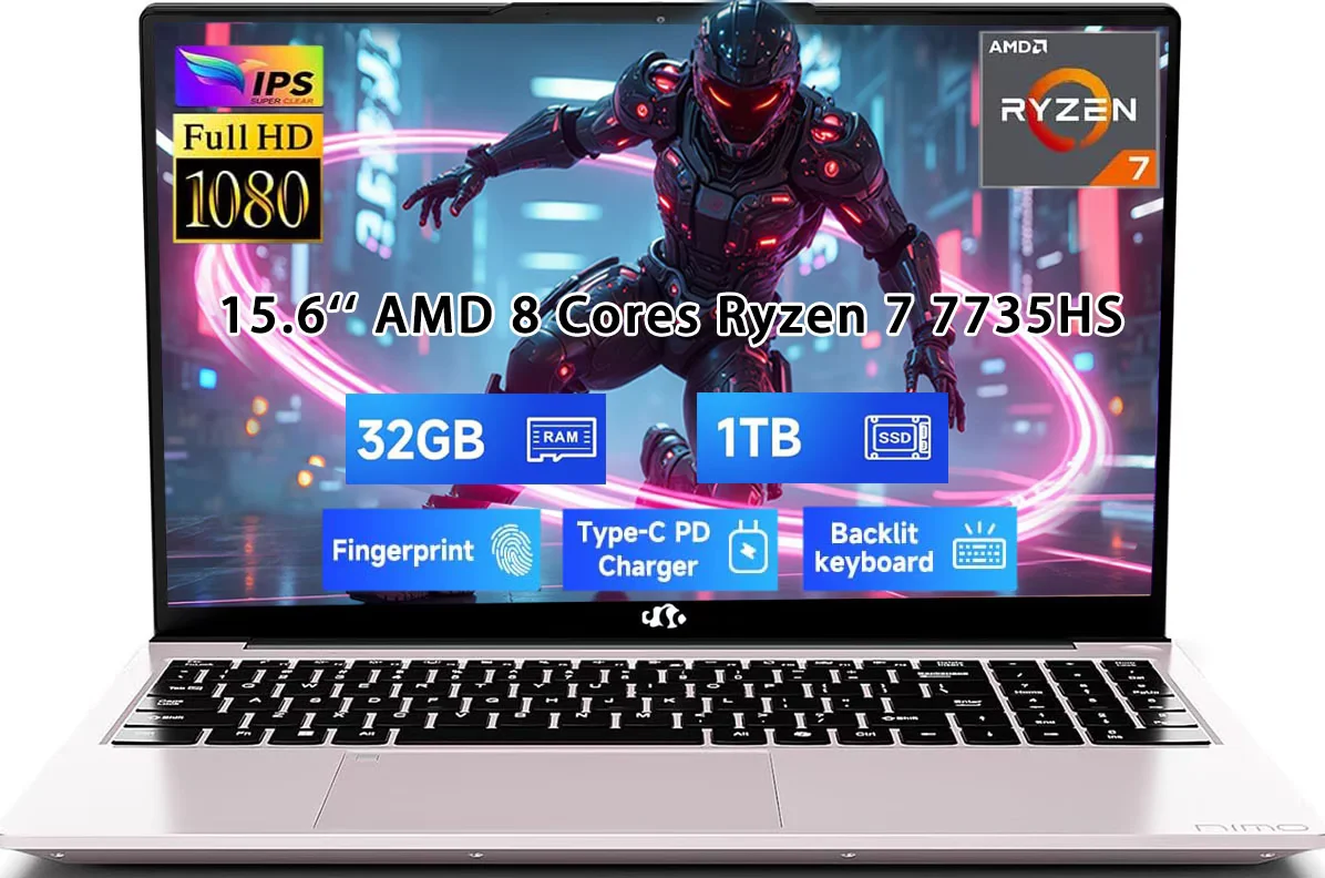 15.6" IPS FHD Gaming-Laptop, AMD 8 Cores Ryzen 7 7735HS 32GB DDR5 RAM 1TB SSD (Beats i7-12650H, Up to 4.75GHz) Computer with Radeon 680M 100W Type-C Backlit Keyboard Fingerprint Unlock