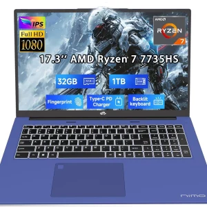 17.3" Business-Laptop, AMD Ryzen 7 7735HS (8C/16T), 32GB RAM 1TB NVMe SSD, Radeon 680M for Light Gaming, PD 100W Type-C WiFi-6E BT5.2 Fingerprint Unlock Backlit Keyboard for Working & Student Blue