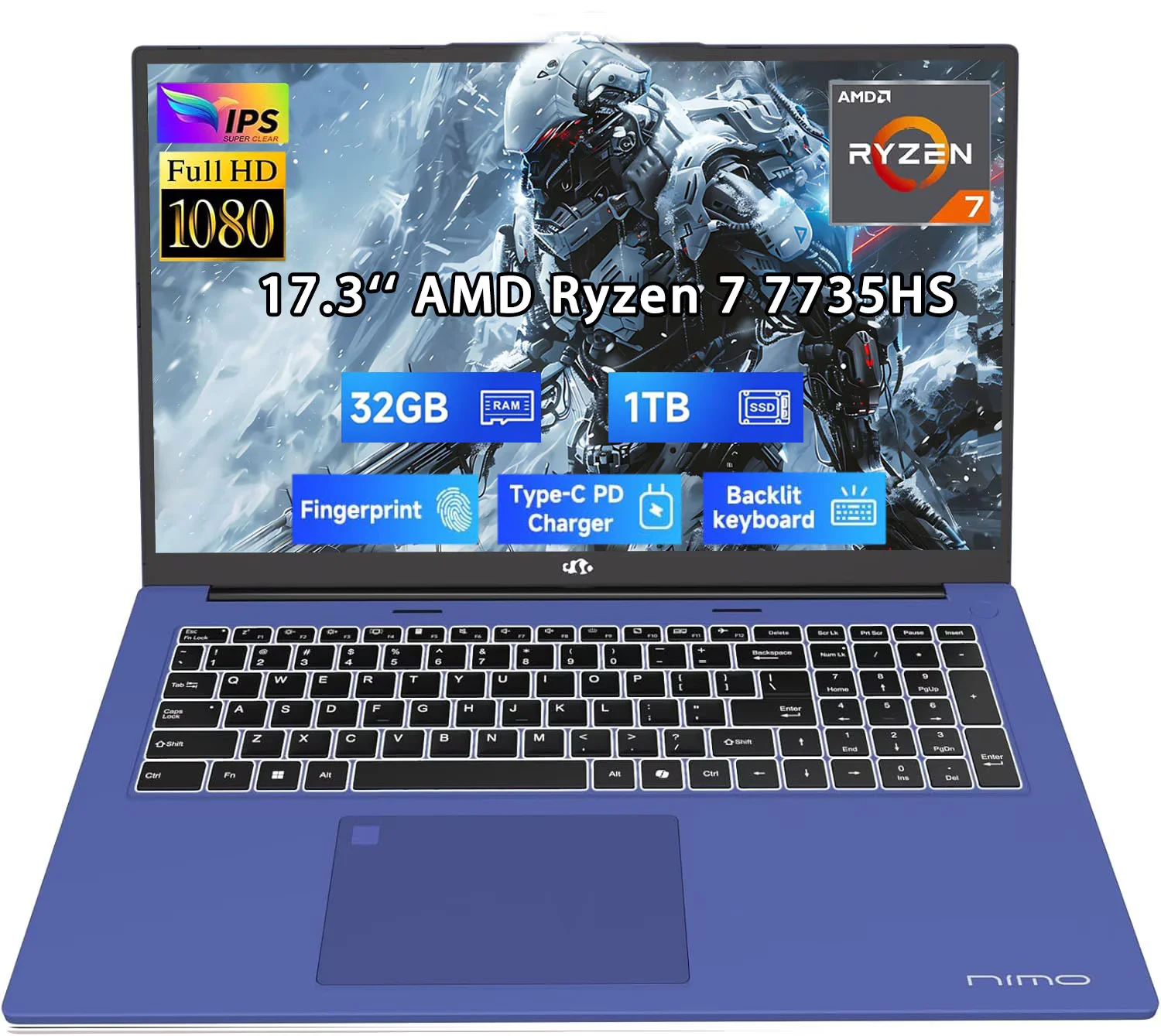 17.3" Business-Laptop, AMD Ryzen 7 7735HS (8C/16T), 32GB RAM 1TB NVMe SSD, Radeon 680M for Light Gaming, PD 100W Type-C WiFi-6E BT5.2 Fingerprint Unlock Backlit Keyboard for Working & Student Blue