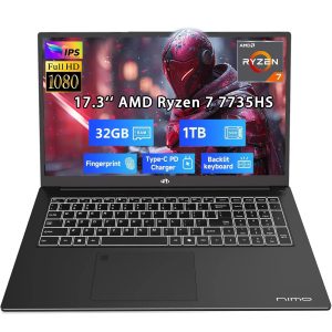 17.3" Business-Laptop, AMD Ryzen 7 7735HS (8C/16T), 32GB RAM 1TB NVMe SSD, Radeon 680M for Light Gaming, PD 100W Type-C WiFi-6E BT5.2 Fingerprint Unlock Backlit Keyboard for Working & Student