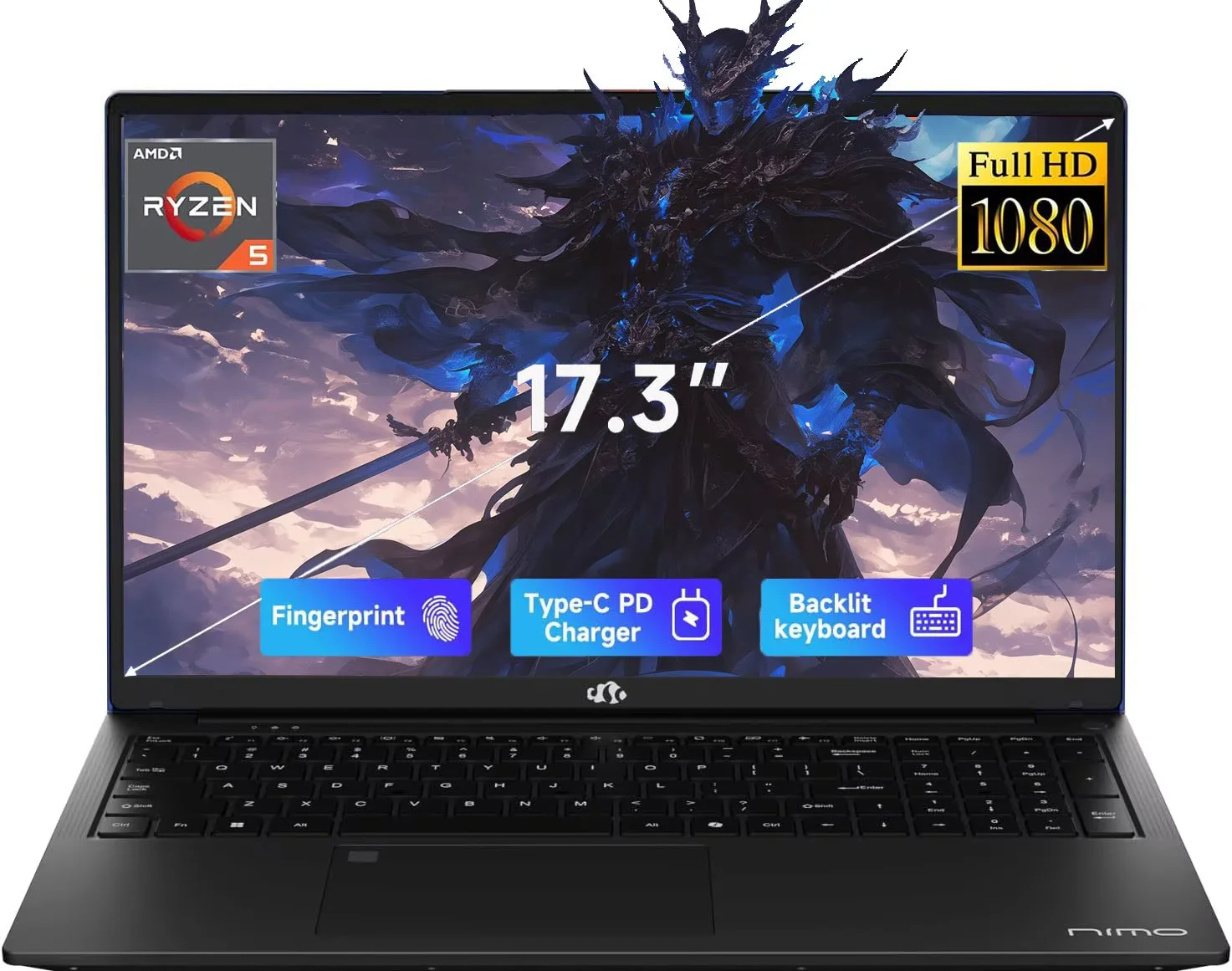 ESOOR 17.3" FHD IPS Gaming Laptop - AMD Ryzen 5 6600H (6-Core) Computer with Radeon 660M, 64GB DDR5 RAM, 1TB SSD, Backlit Keyboard, 100W Type-C, Fingerprint,Windows 11-Blue