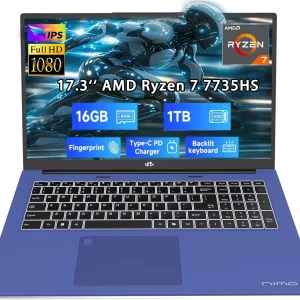 17.3" Business-Laptop, AMD Ryzen 7 7735HS (8C/16T), 16GB RAM 1TB NVMe SSD, Radeon 680M for Light Gaming, PD 100W Type-C WiFi-6E BT5.2 Fingerprint Unlock Backlit Keyboard for Working & Student Blue