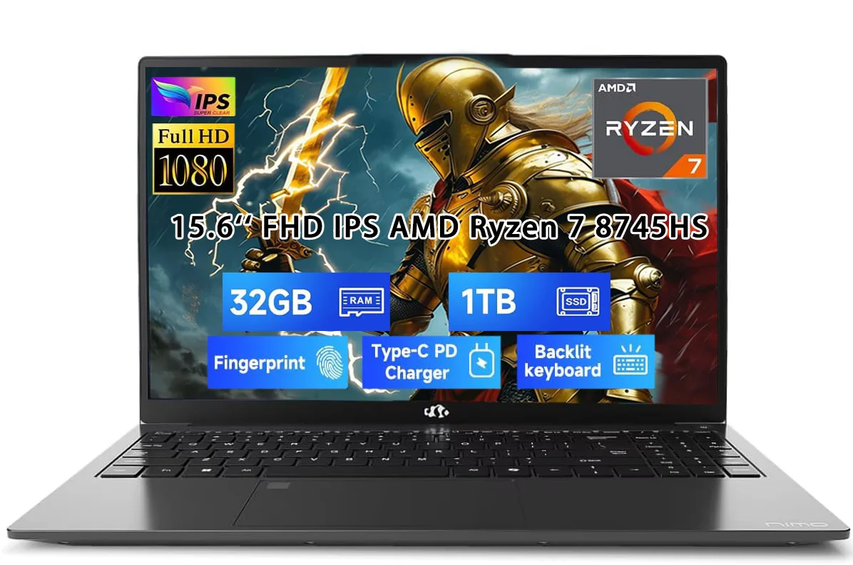 15.6" IPS FHD-Gaming-Laptop, AMD Ryzen 7 8745HS 32GB DDR5 RAM 1TB SSD (up to 4.9GHz) Radeon 780M Graphics Business Computer with 100W Type-C Backlit Keyboard, Fingerprint USB-C 4.0