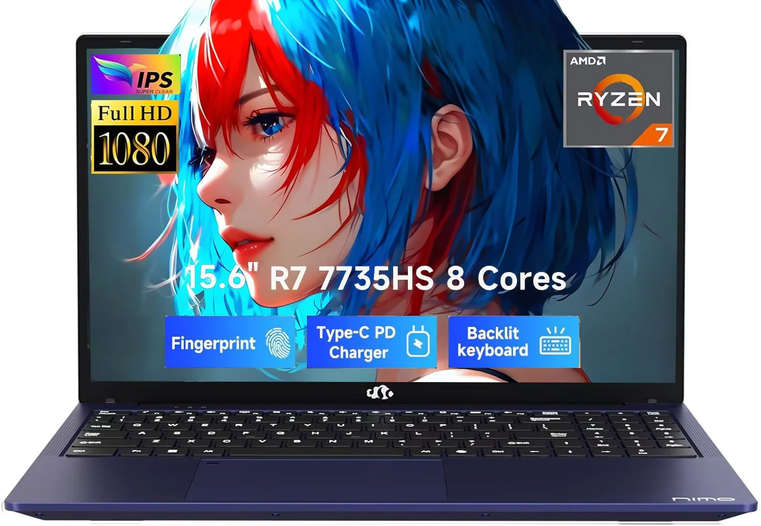15.6" FHD IPS Gaming Laptop - AMD Ryzen 7 7735HS (8-Core) Computer with Radeon 680M , 64GB DDR5 RAM, 2TB SSD, Backlit Keyboard, ,100W Type-C ,Fingerprint