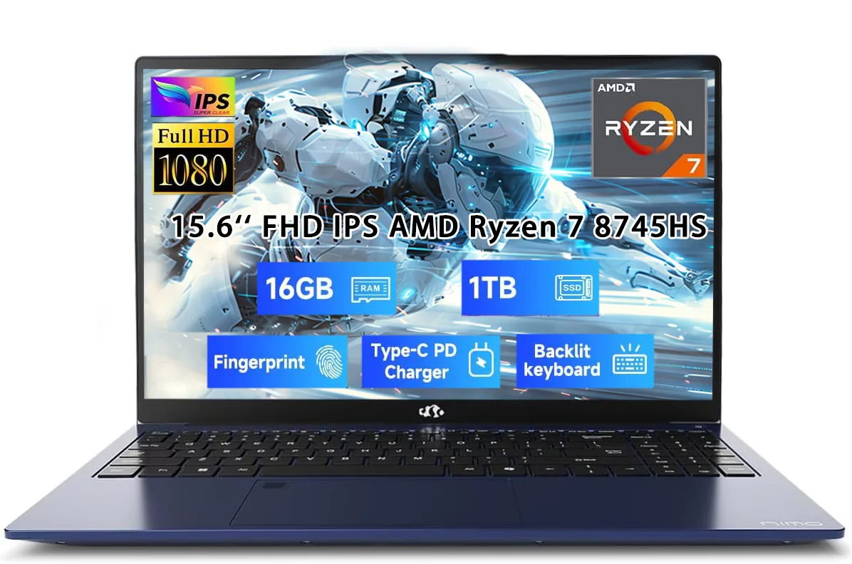 15.6" IPS FHD New Gaming Laptop, AMD Ryzen 7 8745HS 16GB DDR5 RAM 1TB SSD (up to 4.9GHz) Radeon 780M Graphics Business Computer with 100W Type-C Backlit Keyboard, Fingerprint USB-C 4.0