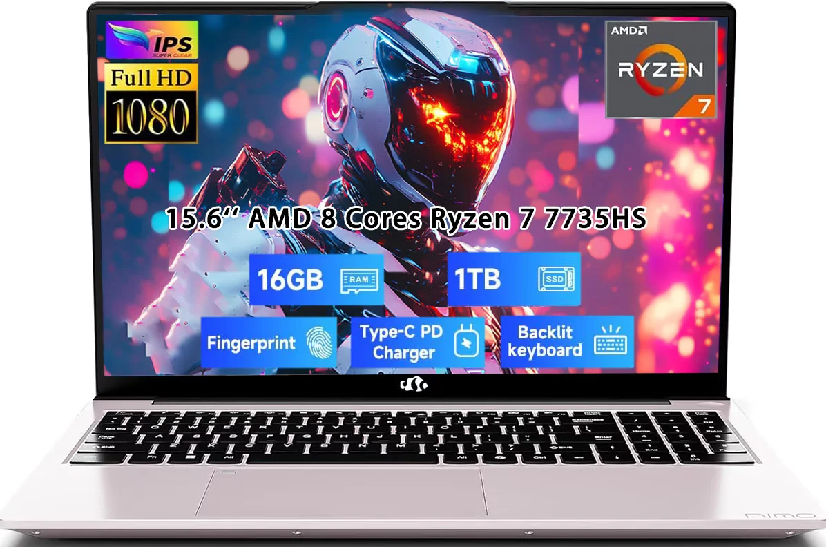 15.6" IPS FHD Gaming-Laptop, AMD 8 Cores Ryzen 7 7735HS 16GB DDR5 RAM 1TB SSD (Beats i7-12650H, Up to 4.75GHz) Computer with Radeon 680M 100W Type-C Backlit Keyboard Fingerprint Unlock