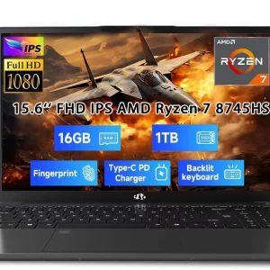 15.6" IPS FHD New Gaming Laptop, AMD Ryzen 7 8745HS 16GB DDR5 RAM 1TB SSD (up to 4.9GHz) Radeon 780M Graphics Business Computer with 100W Type-C Backlit Keyboard, Fingerprint USB-C 4.0 Black