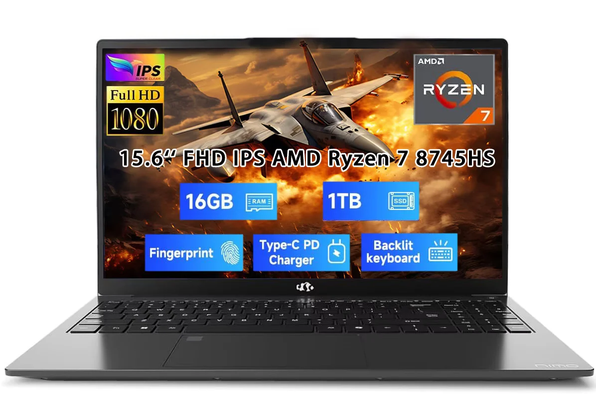 15.6" IPS FHD New Gaming Laptop, AMD Ryzen 7 8745HS 16GB DDR5 RAM 1TB SSD (up to 4.9GHz) Radeon 780M Graphics Business Computer with 100W Type-C Backlit Keyboard, Fingerprint USB-C 4.0 Black
