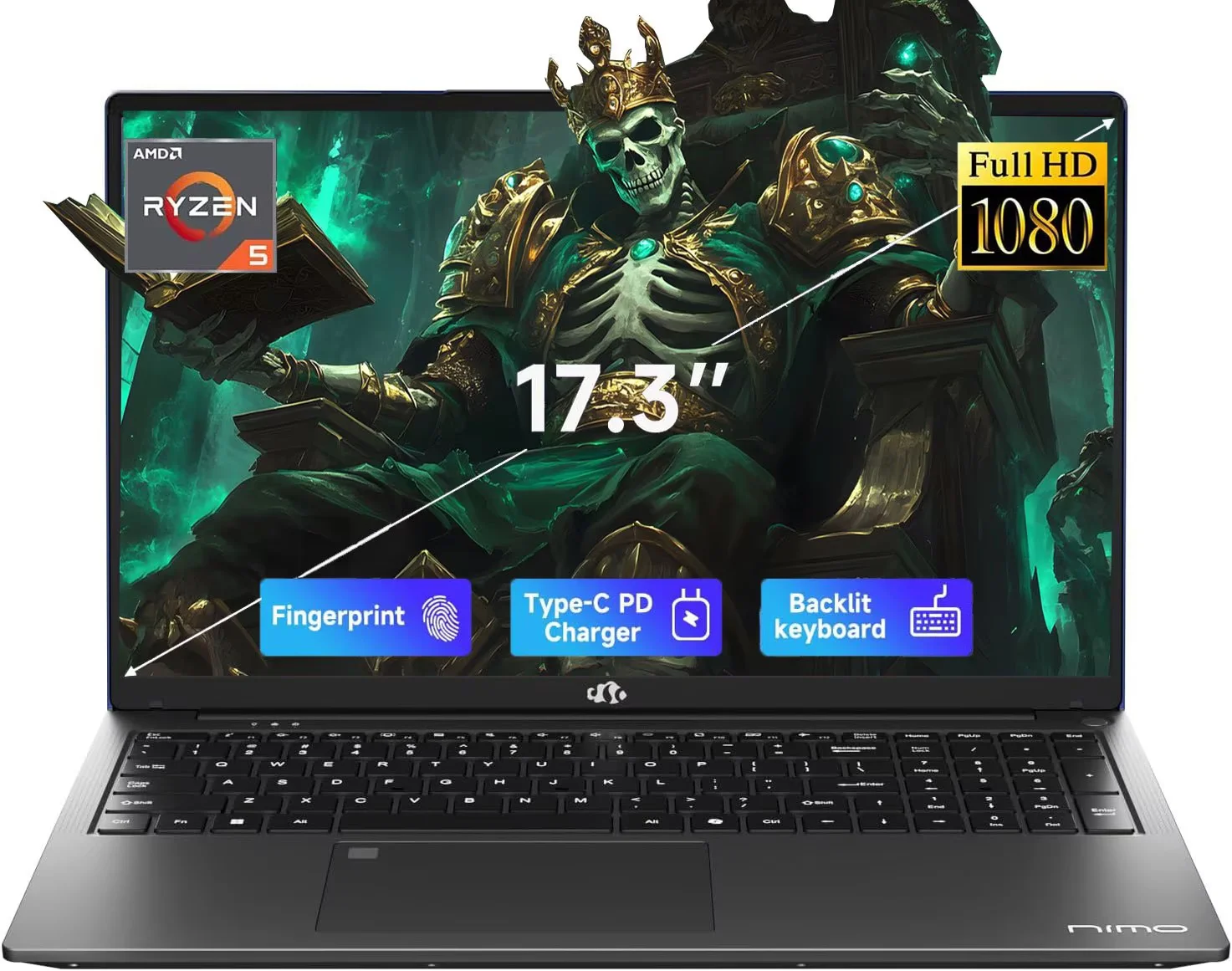 ESOOR 17.3" FHD IPS Gaming Laptop - AMD Ryzen 5 6600H (6-Core) Computer with Radeon 660M, 16GB DDR5 RAM, 1TB SSD, Backlit Keyboard, 100W Type-C, Fingerprint,Windows 11-Gray