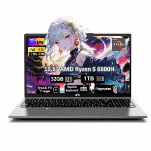 15.6" Gaming Laptop,IPS FHD Laptop AMD Ryzen 5 6600H 6-Cores 660M GPU 32GB DDR5 RAM 1TB SSD(Beat i7-1165G7, Up to 4.5GHz) Computer with 100W GaN Type C Fingerprint Backlit Keyboard Win 11