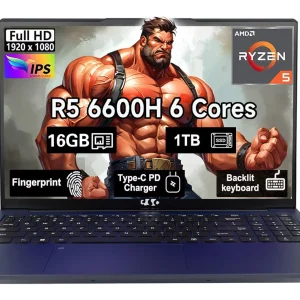 15.6" IPS FHD Gaming Laptop, 6 Cores AMD Ryzen 5 6600H 16GB DDR5 RAM 1TB SSD 660M 6nm GPU-Computer with 100W Type-C Backlit Keyboard, Fingerprint Blue