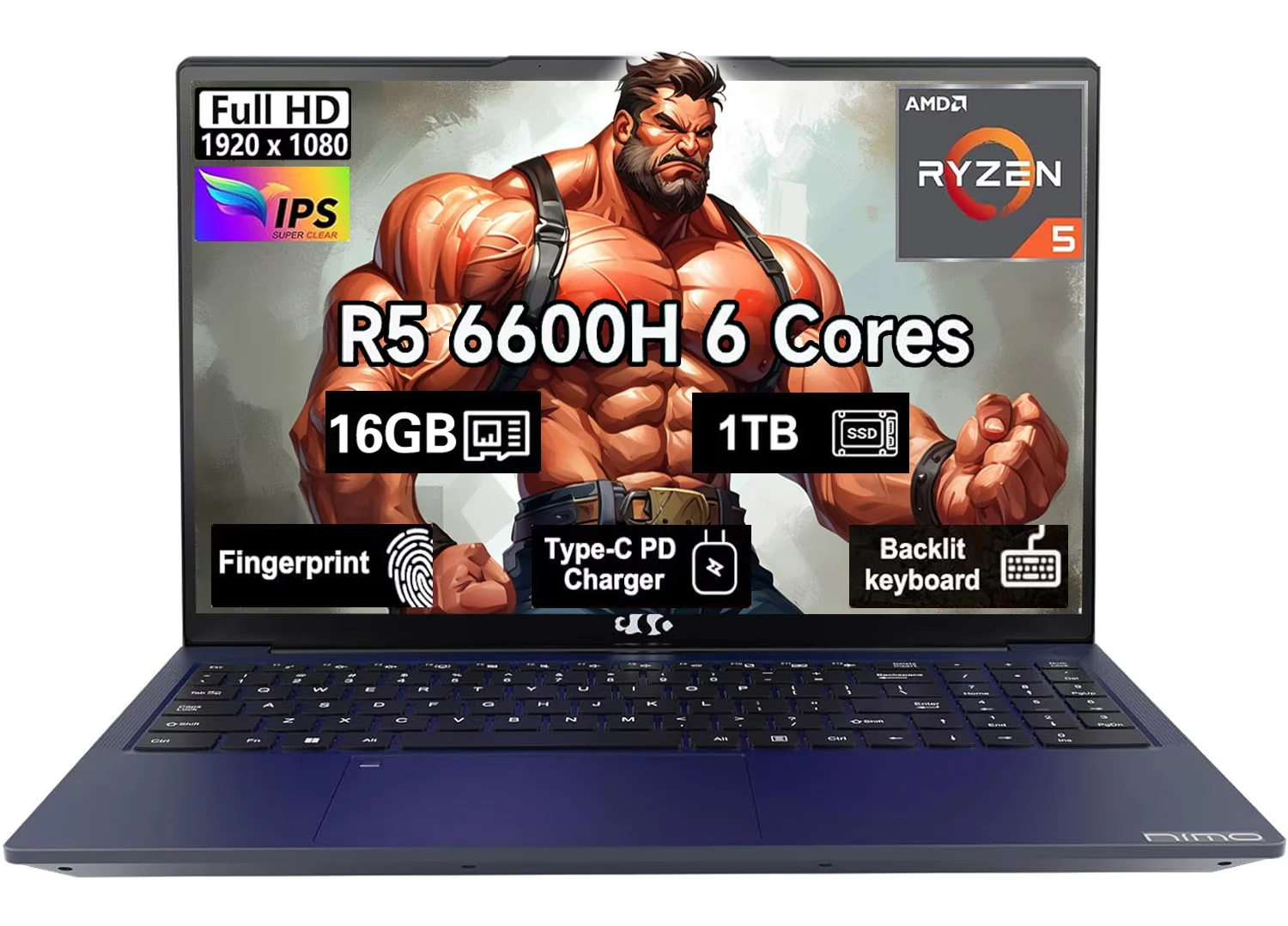 15.6" IPS FHD Gaming Laptop, 6 Cores AMD Ryzen 5 6600H 16GB DDR5 RAM 1TB SSD 660M 6nm GPU-Computer with 100W Type-C Backlit Keyboard, Fingerprint Blue