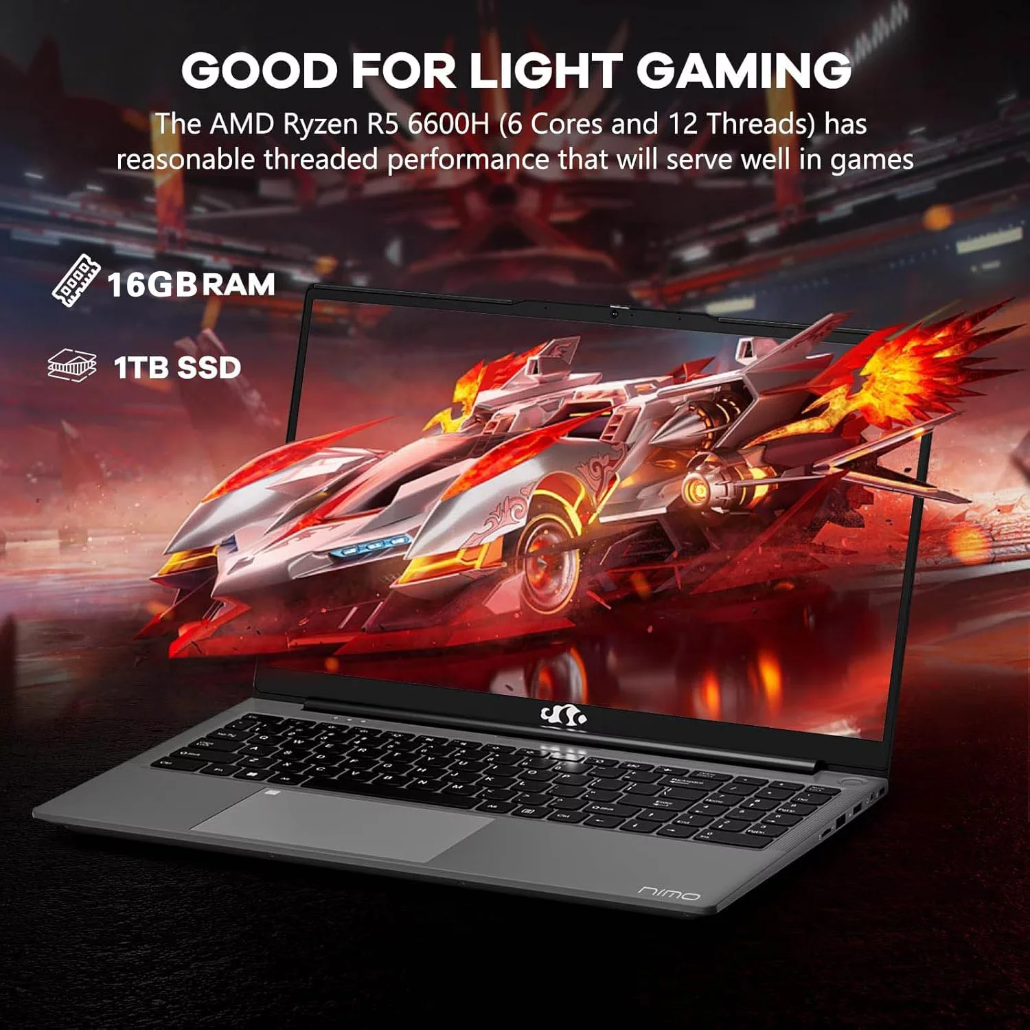 15.6" IPS FHD Gaming Laptop, 6 Cores AMD Ryzen 5 6600H 16GB DDR5 RAM 1TB SSD 660M 6nm GPU-Computer with 100W Type-C Backlit Keyboard, Fingerprint Gray - Image 2