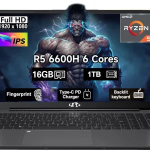 15.6" IPS FHD Gaming Laptop, 6 Cores AMD Ryzen 5 6600H 16GB DDR5 RAM 1TB SSD 660M 6nm GPU-Computer with 100W Type-C Backlit Keyboard, Fingerprint Gray