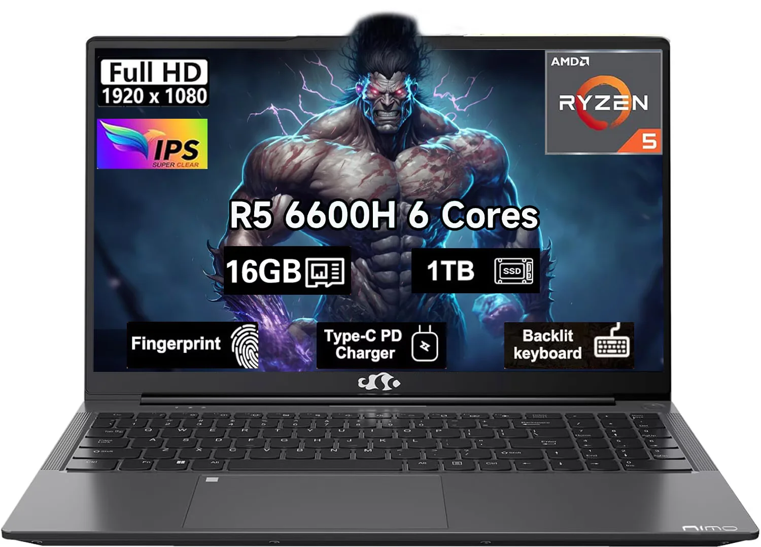 15.6" IPS FHD Gaming Laptop, 6 Cores AMD Ryzen 5 6600H 16GB DDR5 RAM 1TB SSD 660M 6nm GPU-Computer with 100W Type-C Backlit Keyboard, Fingerprint Gray