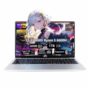 15.6" Gaming Laptop,IPS FHD Laptop AMD Ryzen 5 6600H 6-Cores 660M GPU 32GB DDR5 RAM 1TB SSD(Beat i7-1165G7, Up to 4.5GHz) Computer with 100W GaN Type C Fingerprint Backlit Keyboard Win 11