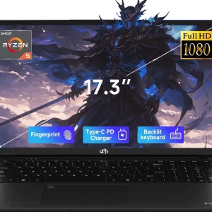 ESOOR 17.3" FHD IPS Gaming Laptop - AMD Ryzen 5 6600H (6-Core) Computer with Radeon 660M, 16GB DDR5 RAM, 1TB SSD, Backlit Keyboard, 100W Type-C, Fingerprint,Windows 11-Blue