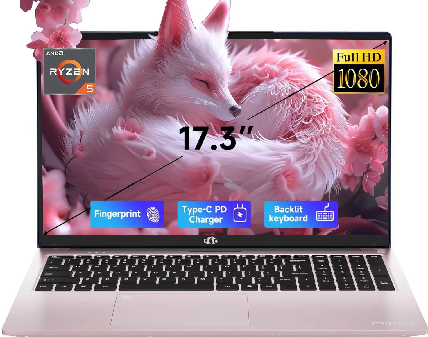 ESOOR 17.3" FHD IPS Gaming Laptop - AMD Ryzen 5 6600H (6-Core) Computer with Radeon 660M, 16GB DDR5 RAM, 1TB SSD, Backlit Keyboard, 100W Type-C, Fingerprint,Windows 11-Rose Gold