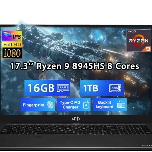 17.3" Gaming Laptop, AMD Ryzen 9 8945HS (Beats i9-13900H, Up to 5.2GHz), AMD Radeon 780M Graphics, 16GB RAM, 1TB SSD, FHD IPS Display, 100W PD, Backlit Keyboard, Fingerprint Black