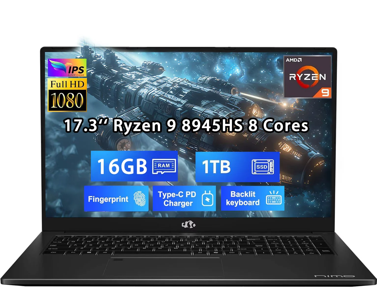 17.3" Gaming Laptop, AMD Ryzen 9 8945HS (Beats i9-13900H, Up to 5.2GHz), AMD Radeon 780M Graphics, 16GB RAM, 1TB SSD, FHD IPS Display, 100W PD, Backlit Keyboard, Fingerprint Black