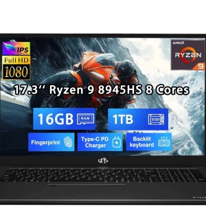17.3" Gaming Laptop Computer AMD Ryzen 9 8945HS (Beats i9-13900H, Up to 5.2GHz), AMD Radeon 780M Graphics, 16GB RAM, 1TB SSD, FHD IPS Display, 100W PD, Backlit Keyboard, Fingerprint Black