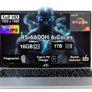 15.6" IPS FHD Gaming Laptop, 6 Cores AMD Ryzen 5 6600H 16GB DDR5 RAM 1TB SSD 660M 6nm GPU-Computer with 100W Type-C Backlit Keyboard, Fingerprint Silvery